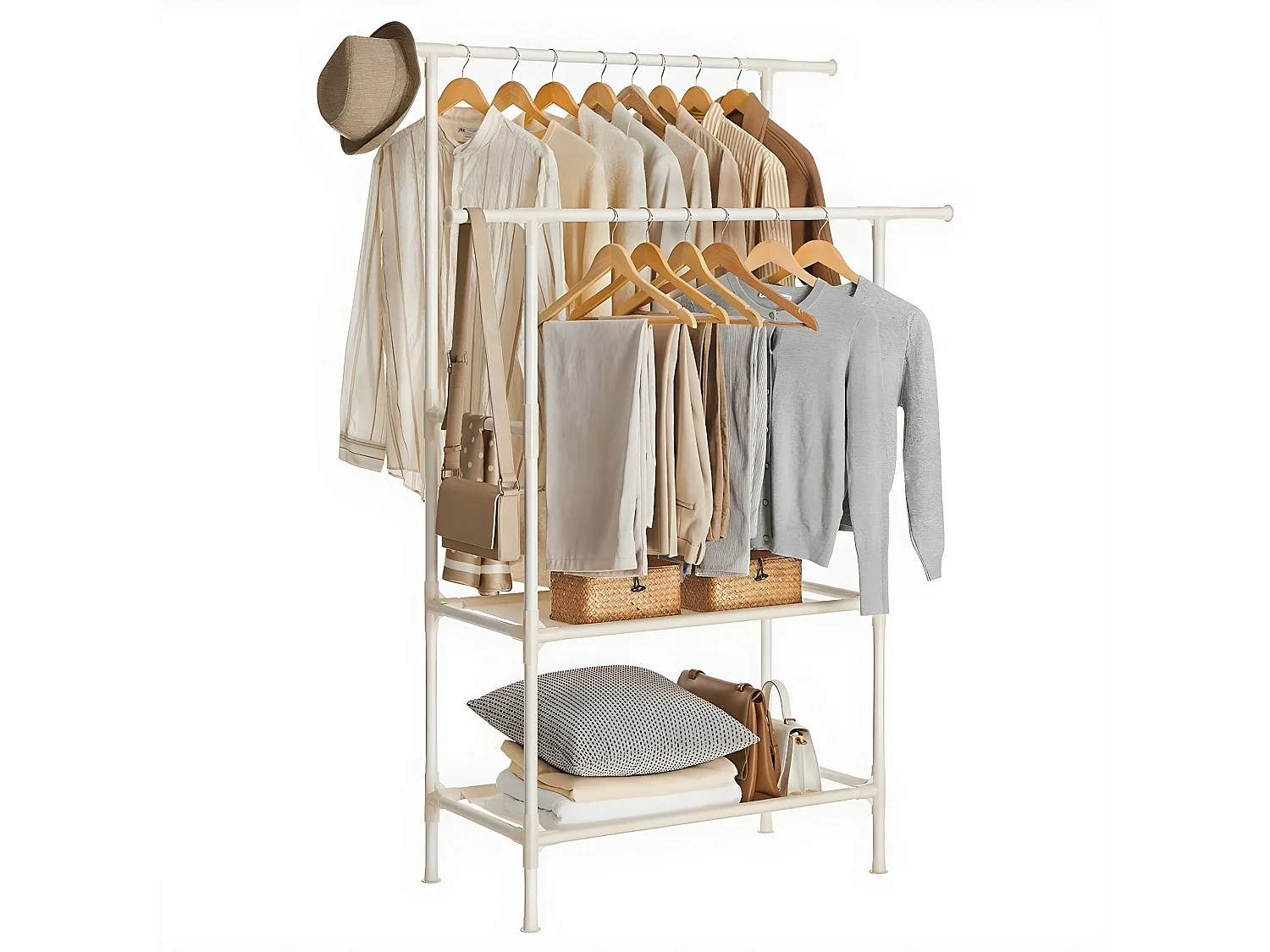 Penderie à Vêtement avec 2 Tringles et 2 Étagères Blanche
