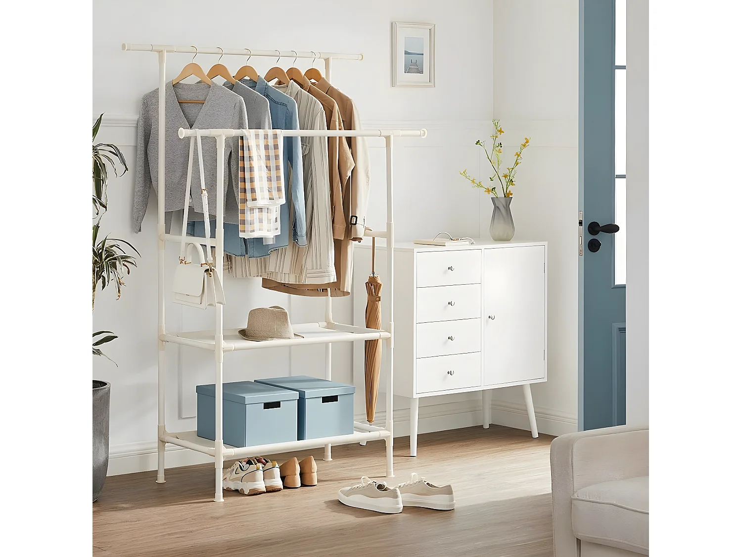 Armadio per abiti con 2 aste e 2 ripiani bianchi