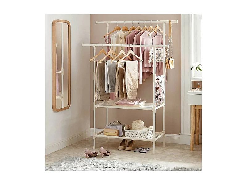 Kleiderschrank mit 2 Kleiderstangen und 2 Regalen Weiß