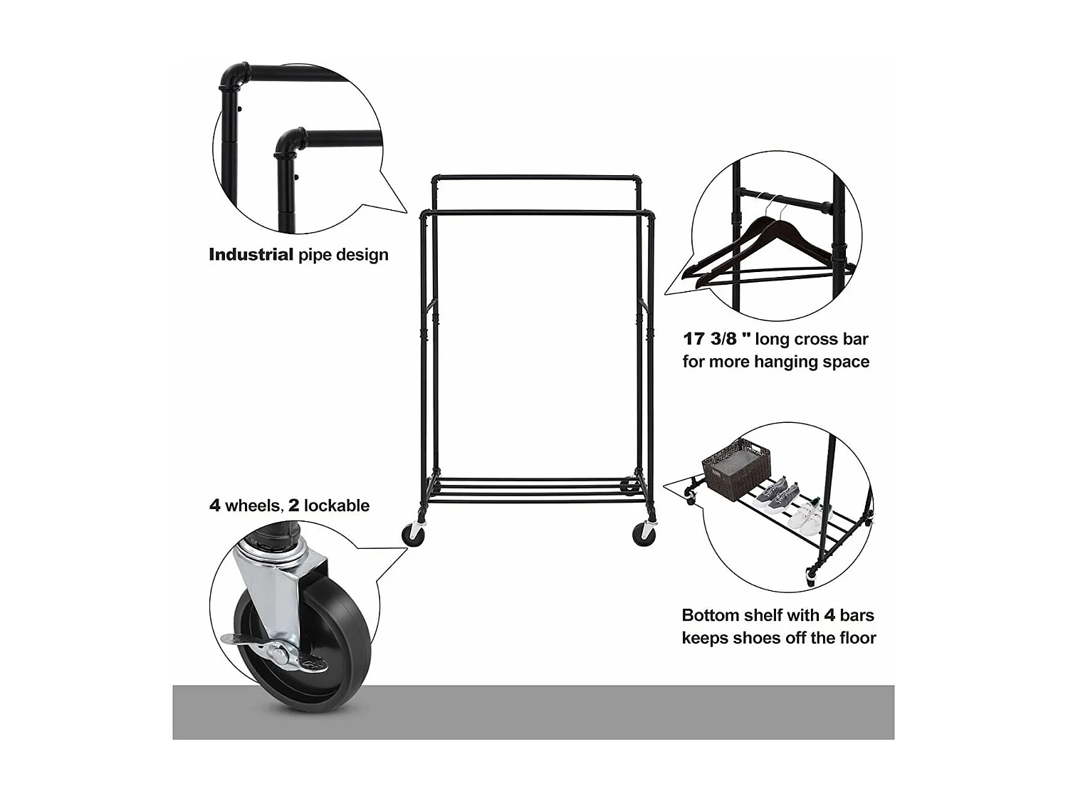 Kledingrek met dubbele stangen en plank op wielen