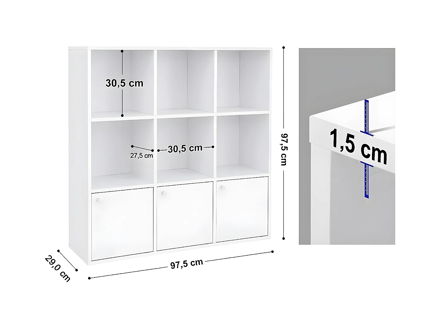 Meuble de Rangement Blanc 9 Cases avec 3 Portes - L97,5 cm