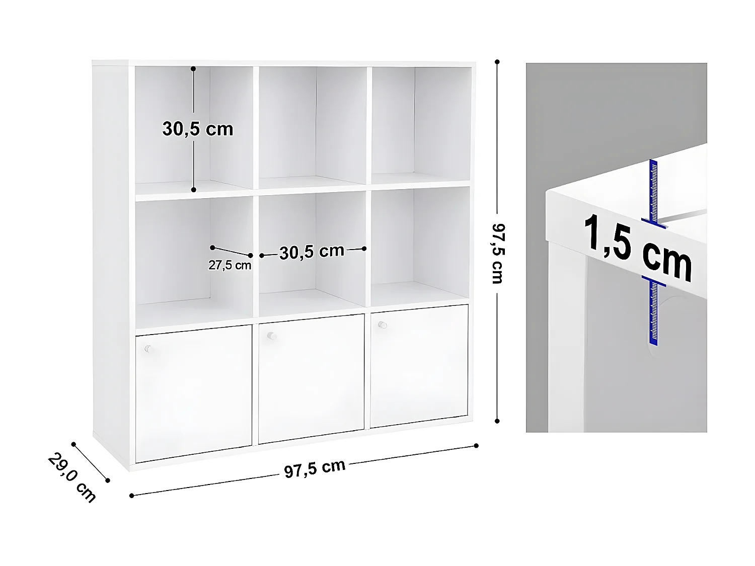 Weiße Kommode mit 9 Fächern und 3 Türen - L97,5 cm
