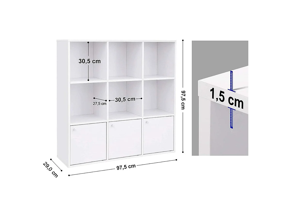 Móvel de Armazenamento Branco 9 Compartimentos com 3 Portas - L97,5 cm