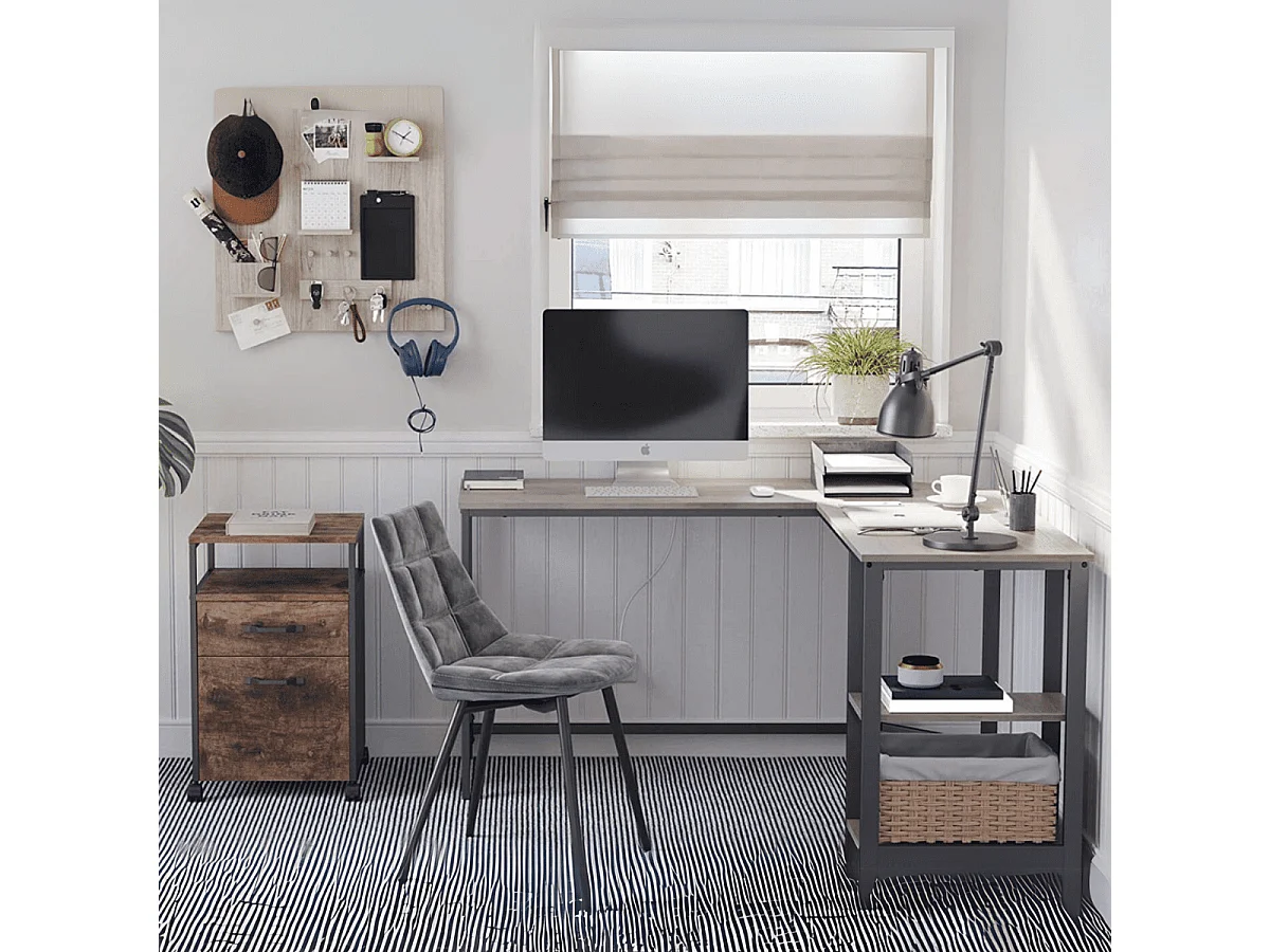 Bureau d'angle droit avec étagère 2 niveaux style industriel