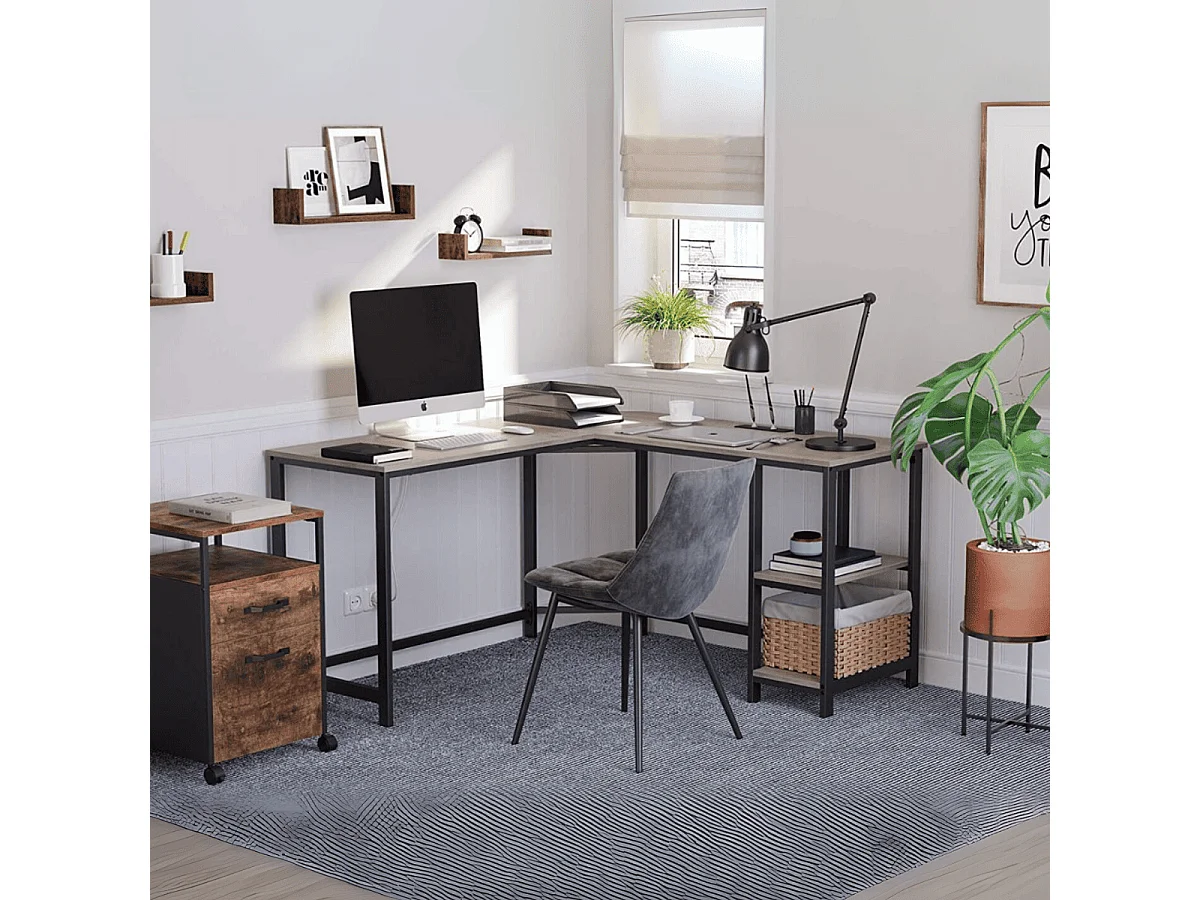 Bureau d'angle droit avec étagère 2 niveaux style industriel