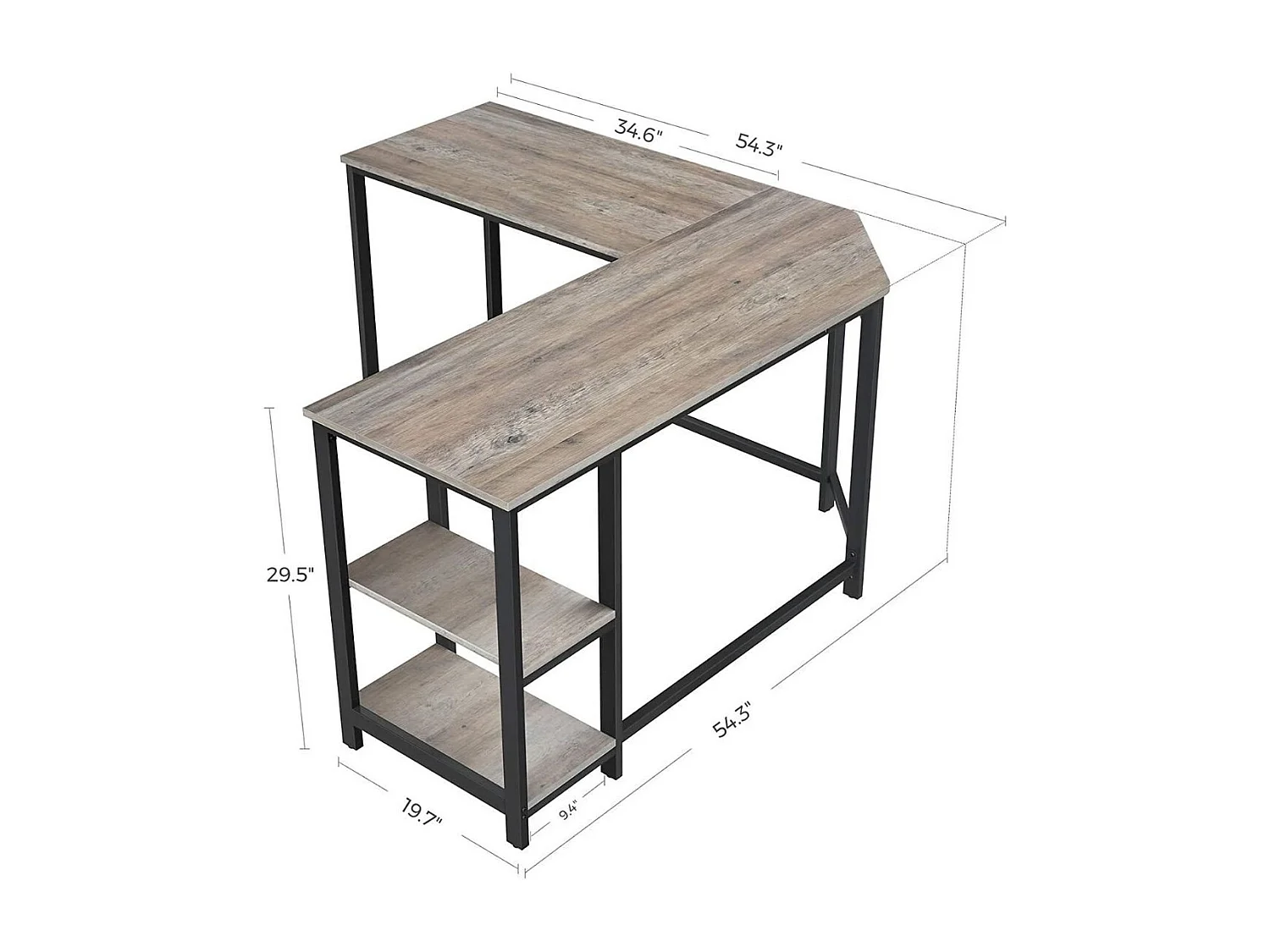 Bureau d'angle droit avec étagère 2 niveaux style industriel