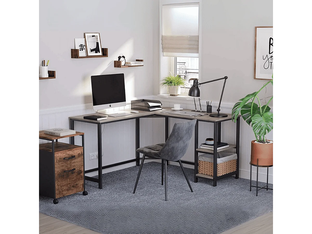 Bureau d'angle droit avec étagère 2 niveaux style industriel