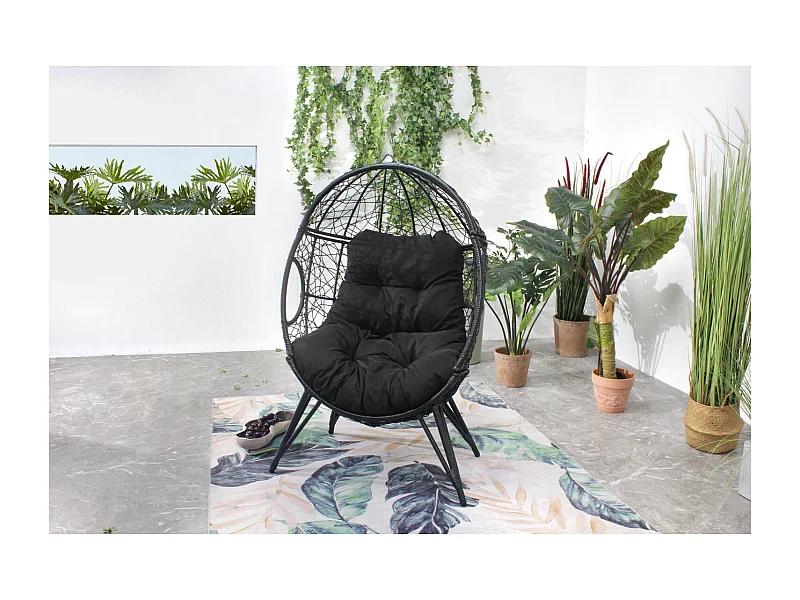 Cadeira de baloiço em resina preta com efeito de vime JANE com almofada confortável para interior e exterior