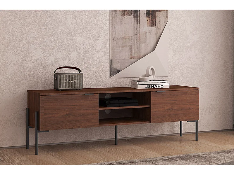 Vintage TV-meubel VANCOUVER van Notenhout met 2 Kasten en Decoratieve Nissen