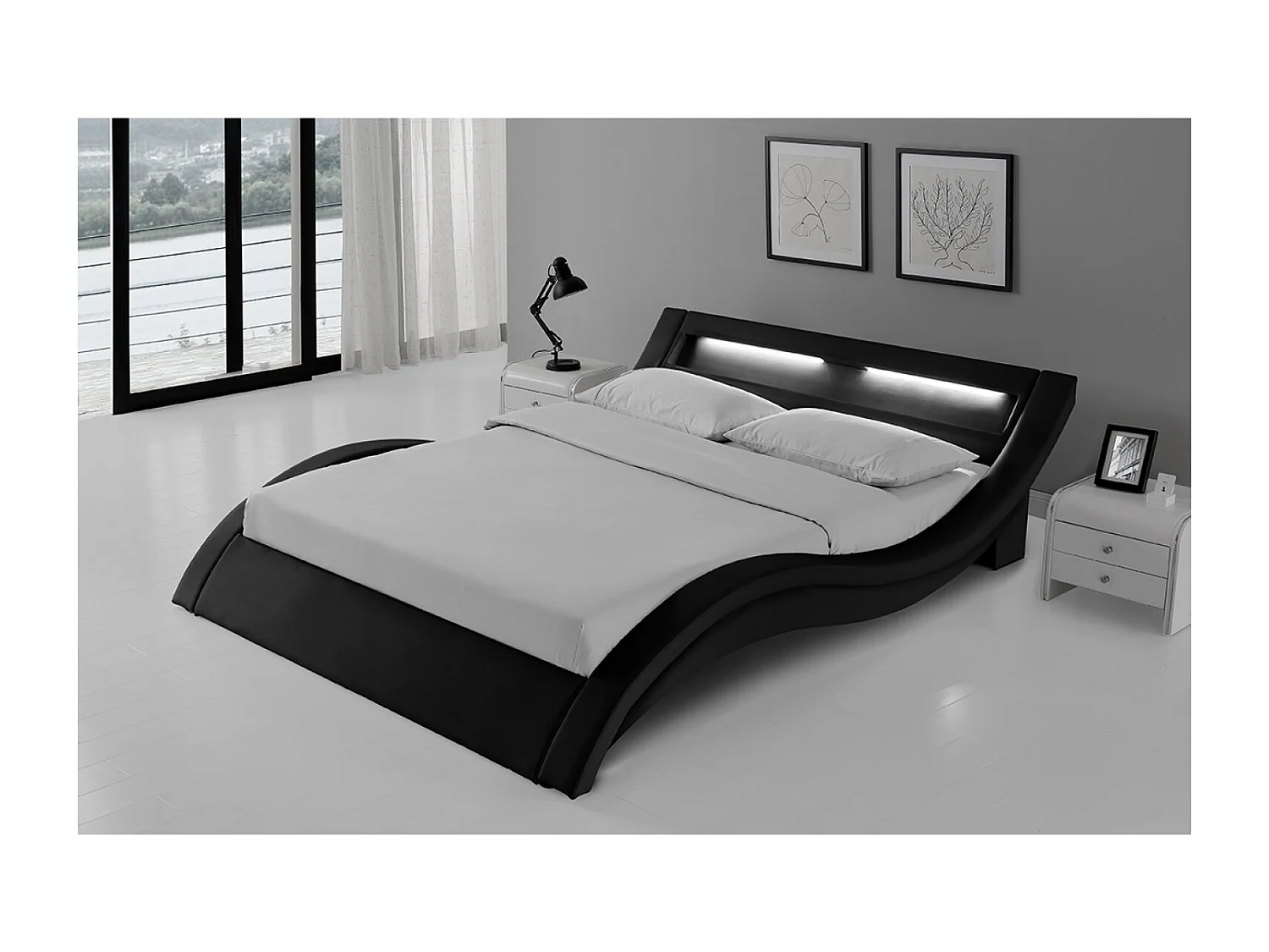 Lit avec led 160 x 200 cm en PU noir PADDINGTON