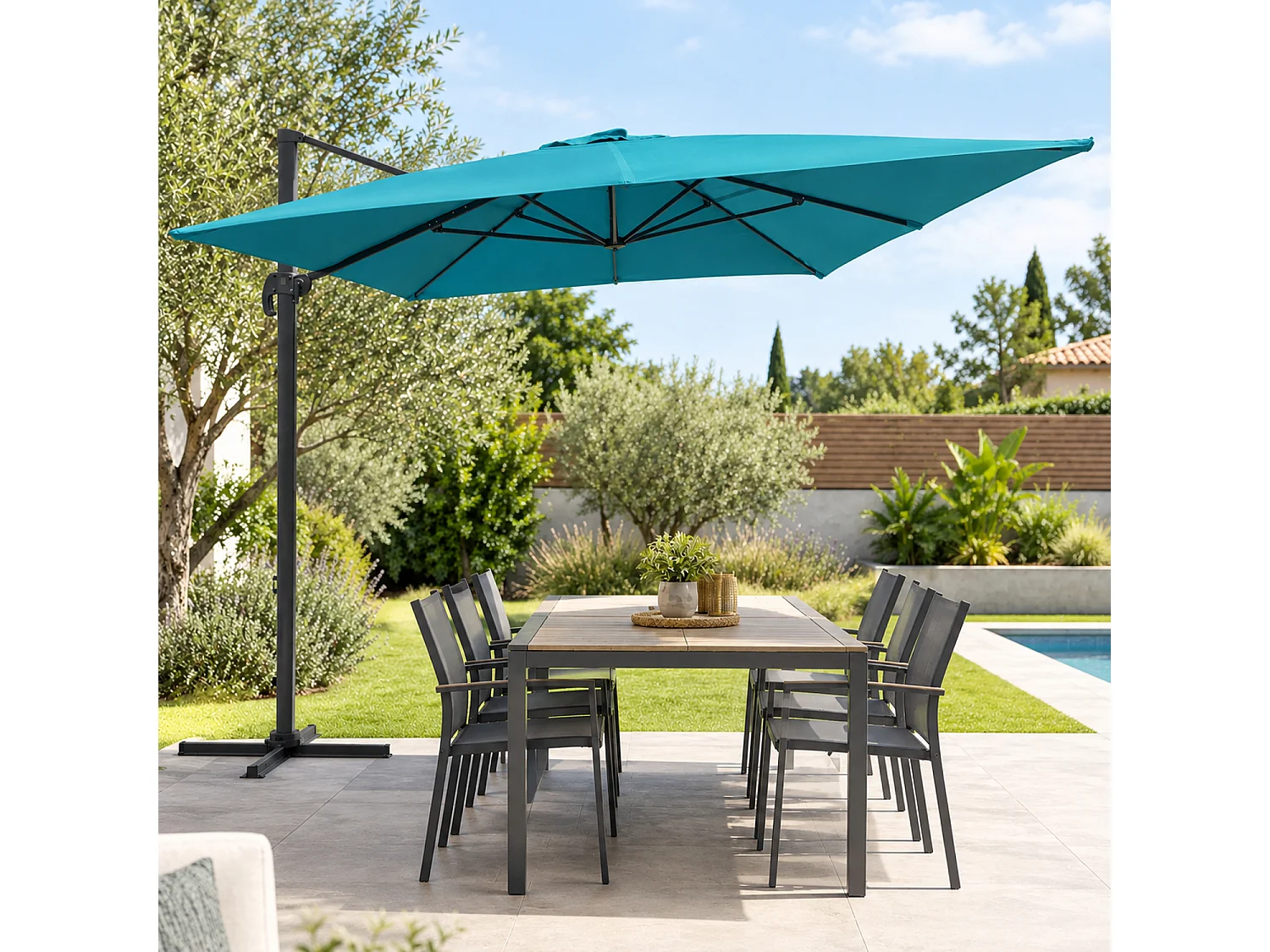Parasol déporté MOLOKAI rectangulaire 3x4m bleu + housse - HAPPY GARDEN