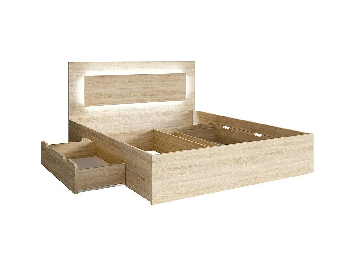 Lit NOFI 160 x 200 cm avec sommier et 2 tiroirs de rangement - coloris chêne sonoma