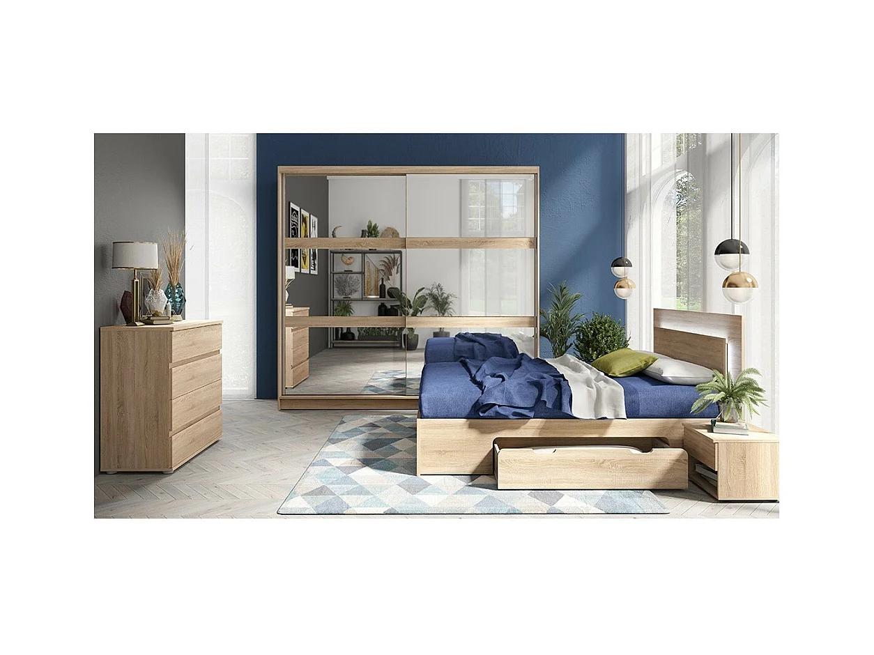 Lit NOFI 160 x 200 cm avec sommier et 2 tiroirs de rangement - coloris chêne sonoma