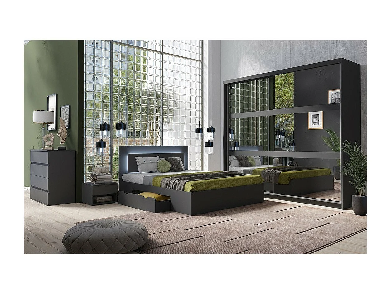 Lit NOFI avec sommier 180 x 200 cm avec 2 tiroirs de rangement - gris graphite