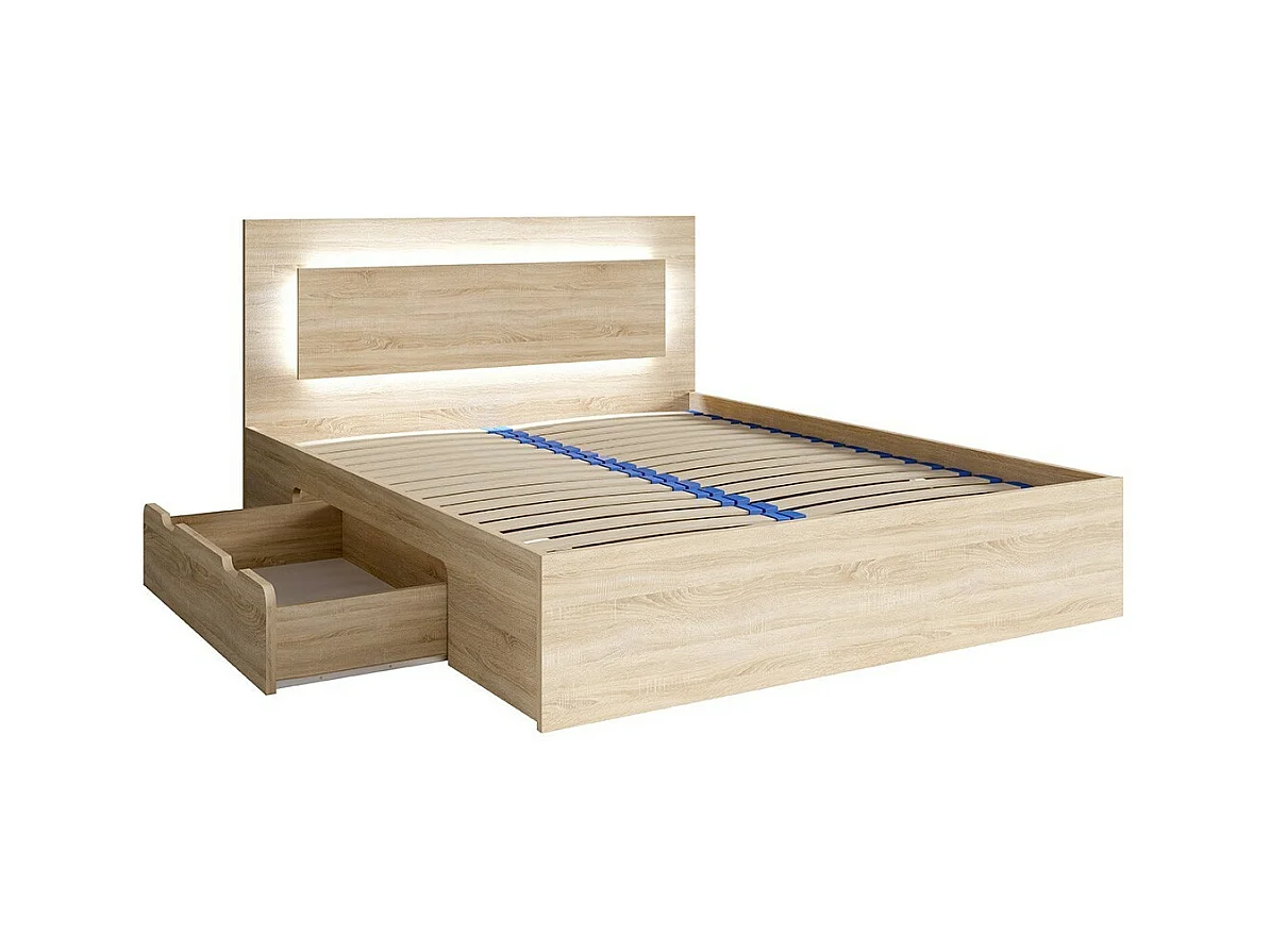 Lit NOFI 180 x 200 cm avec sommier et 2 tiroirs de rangement - coloris chêne sonoma