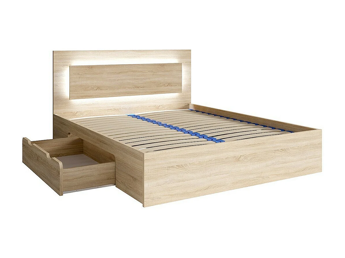 Lit NOFI 180 x 200 cm avec sommier et 2 tiroirs de rangement - coloris chêne sonoma
