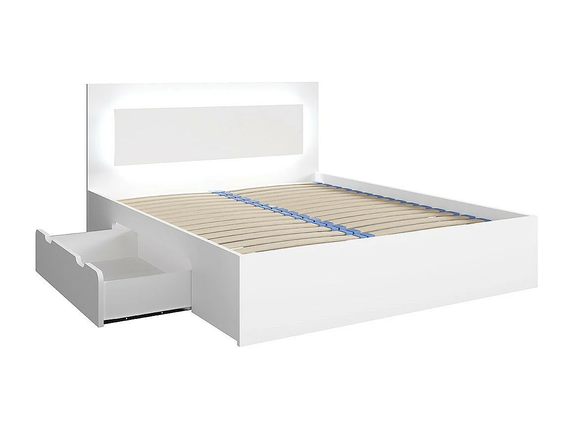 Lit NOFI 140 x 200 cm avec sommier et 2 tiroirs de rangement - blanc