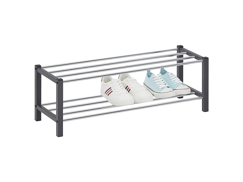 Étagère à chaussures DUBLIN rangement porte-chaussures avec 2 niveaux pour 8 paires en métal chromé et laqué gris