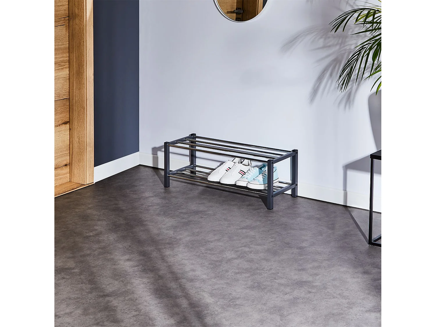 Étagère à chaussures DUBLIN rangement porte-chaussures avec 2 niveaux pour 8 paires en métal chromé et laqué gris