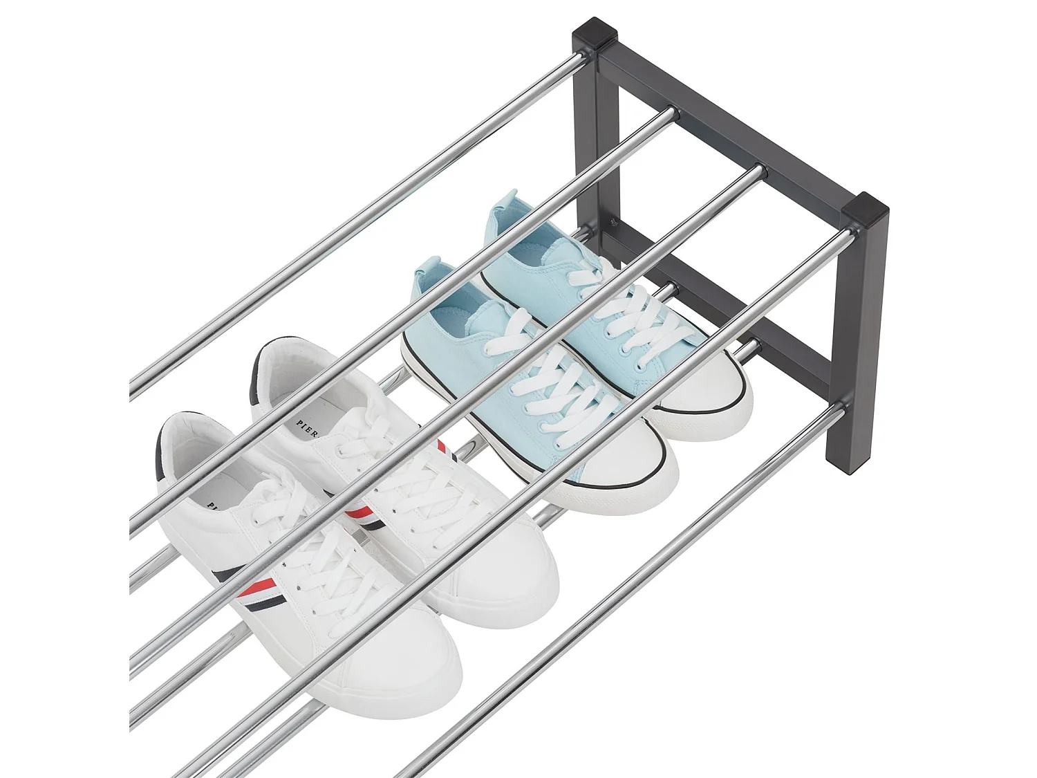 Étagère à chaussures DUBLIN rangement porte-chaussures avec 2 niveaux pour 8 paires en métal chromé et laqué gris