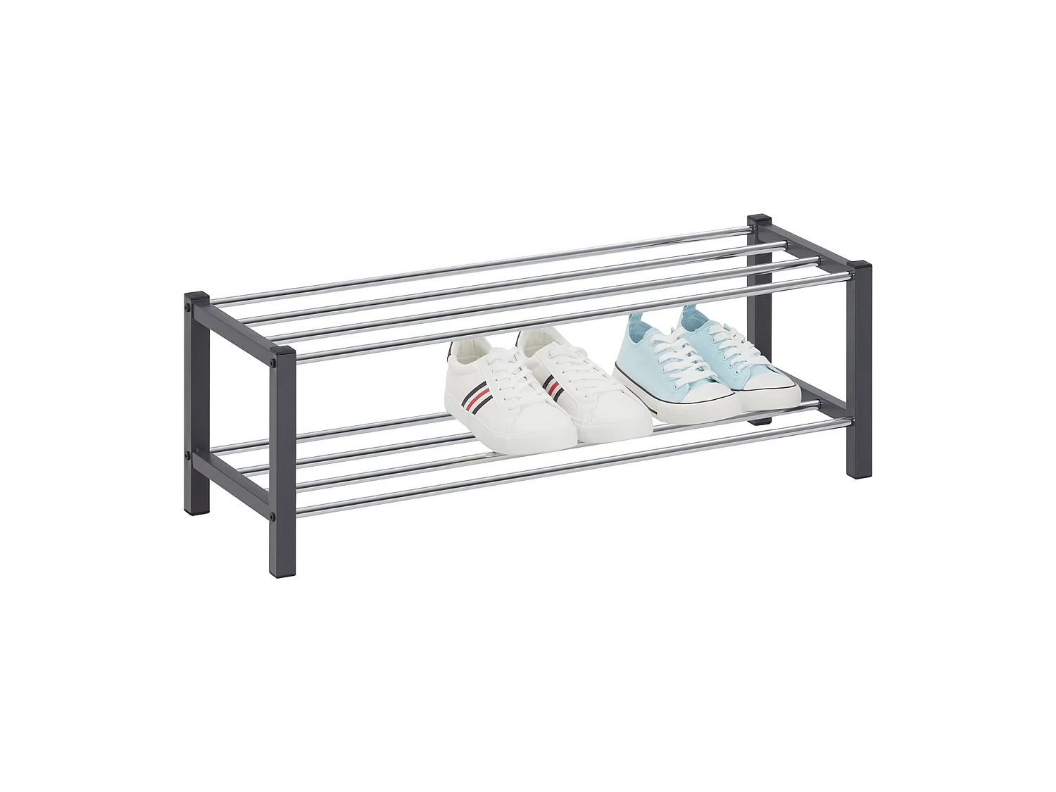 Étagère à chaussures DUBLIN rangement porte-chaussures avec 2 niveaux pour 8 paires en métal chromé et laqué gris