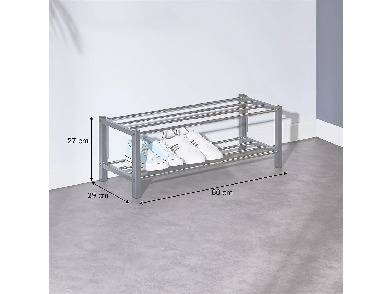 Étagère à chaussures DUBLIN rangement porte-chaussures avec 2 niveaux pour 8 paires en métal chromé et laqué gris