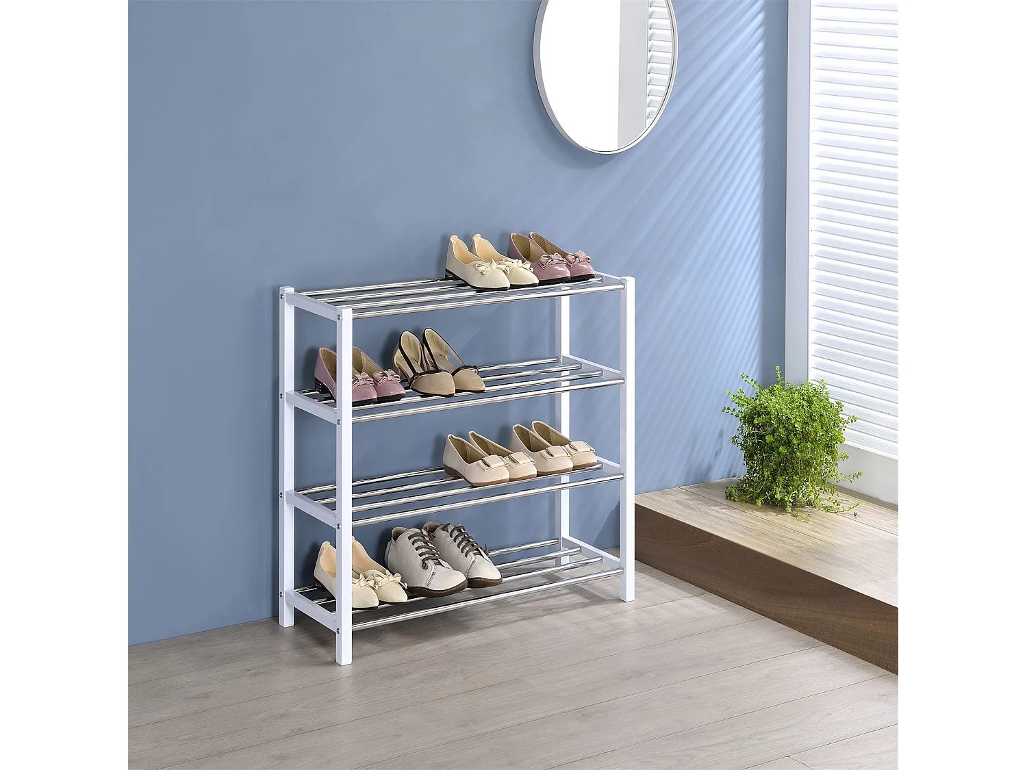 Etagère à chaussures DUBLIN rangement porte-chaussures avec 4 niveaux pour 14 paires en métal chromé et laqué blanc