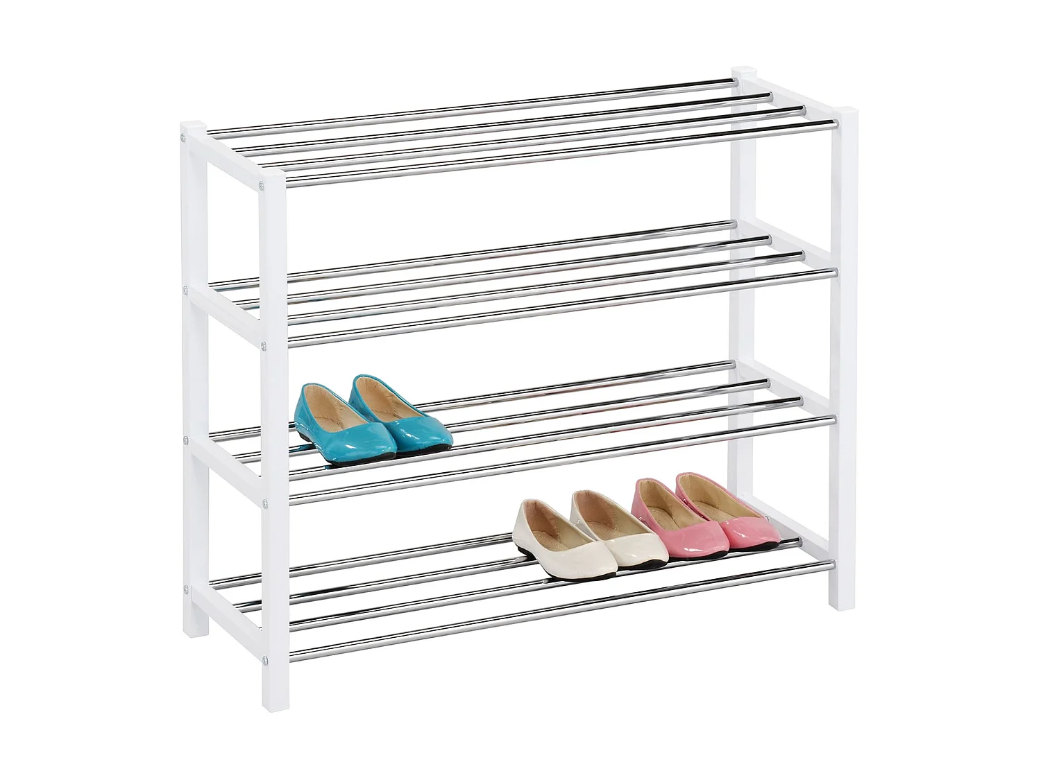 Etagère à chaussures DUBLIN rangement porte-chaussures avec 4 niveaux pour 14 paires en métal chromé et laqué blanc