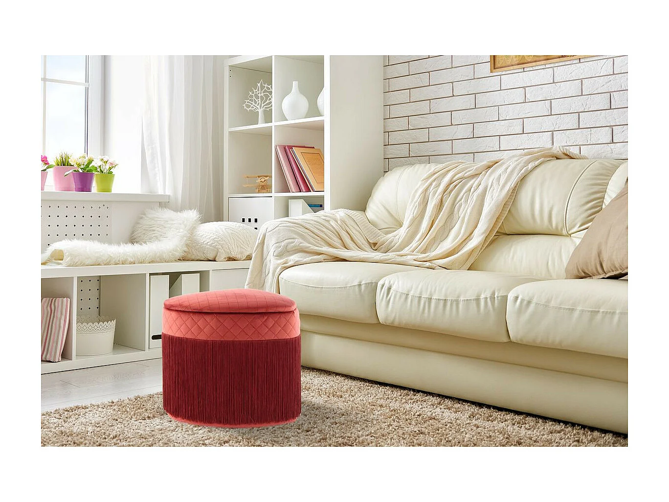 Pouf & Coffre de Rangement avec Franges "Paola" 48cm Bordeaux