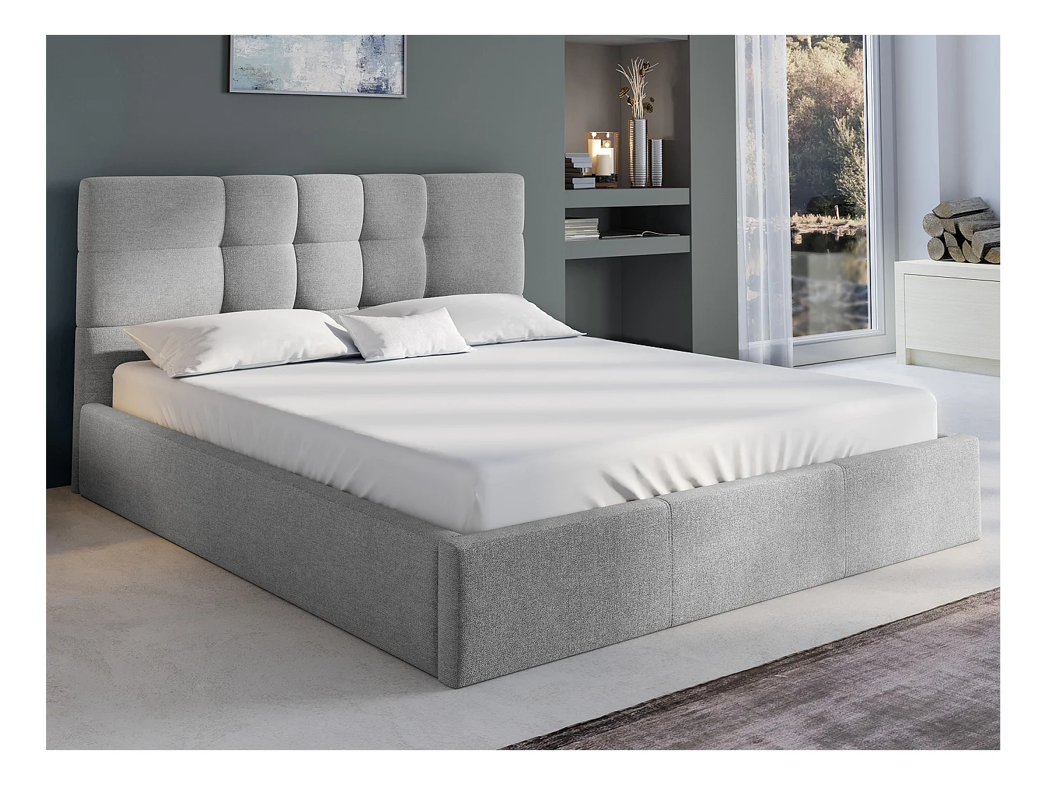 Bett mit Bettkasten + Matratze - 160 x 200 cm - Stoff - Grau - ELIAVA von Pascal Morabito