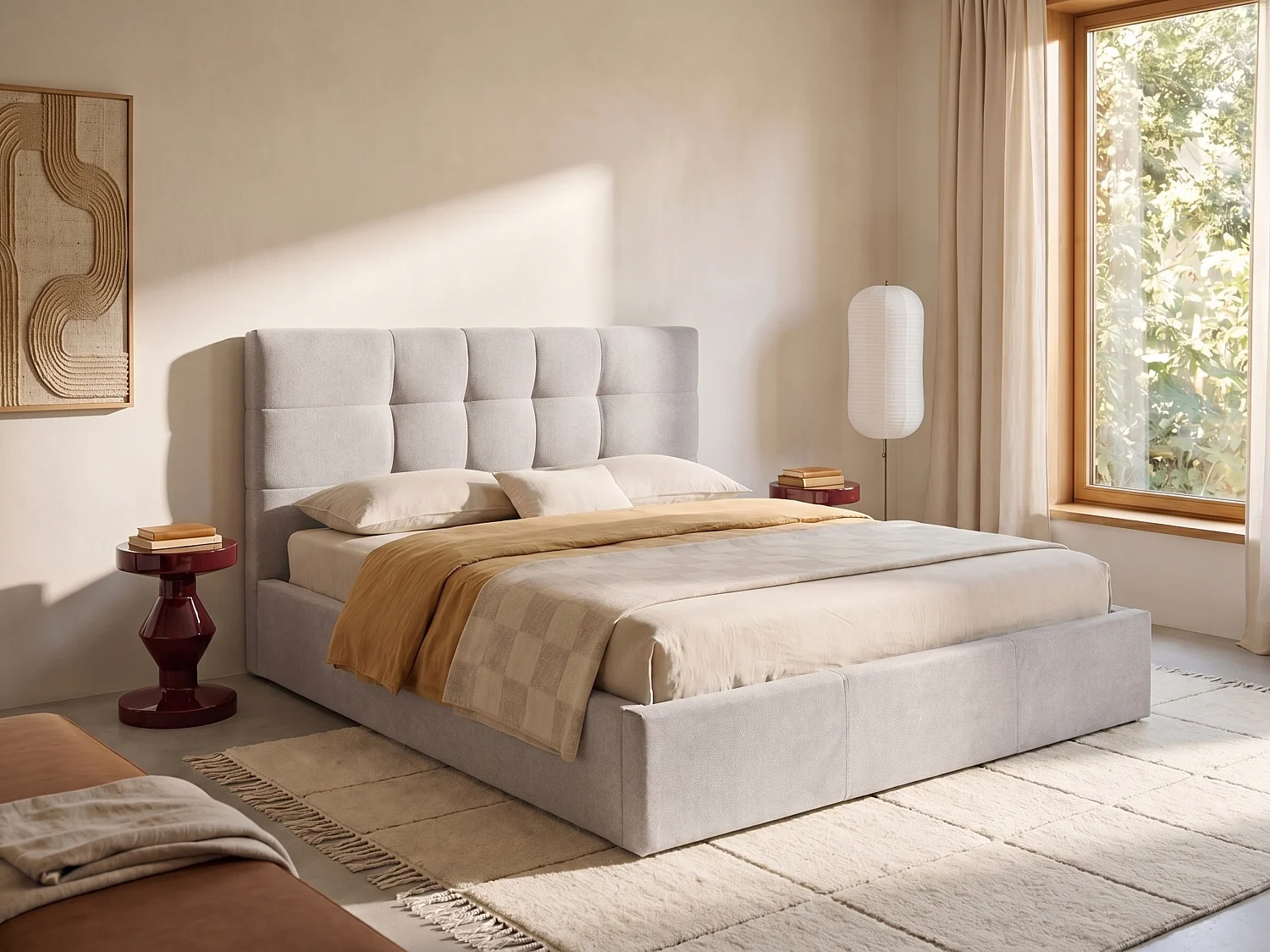 Letto con Contenitore + Materasso 180 x 200 cm in Tessuto Beige - ELIAVA di PASCAL MORABITO