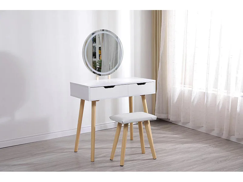 Coiffeuse table de maquillage avec miroir LED et tabouret coloris blanc H130 x L80 x P40 cm