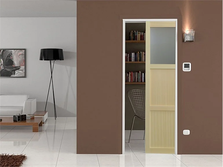 Porte Coulissante Bois Ayous 2 Panneaux + 1 Vitrage H204 X L83 Et Coquilles Gd Menuiseries