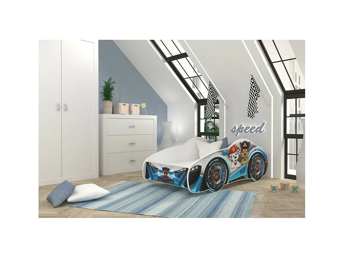 Lit enfant voiture 70 x 140 cm - Pat Patrouille - Matelas et sommier inclus Blanc