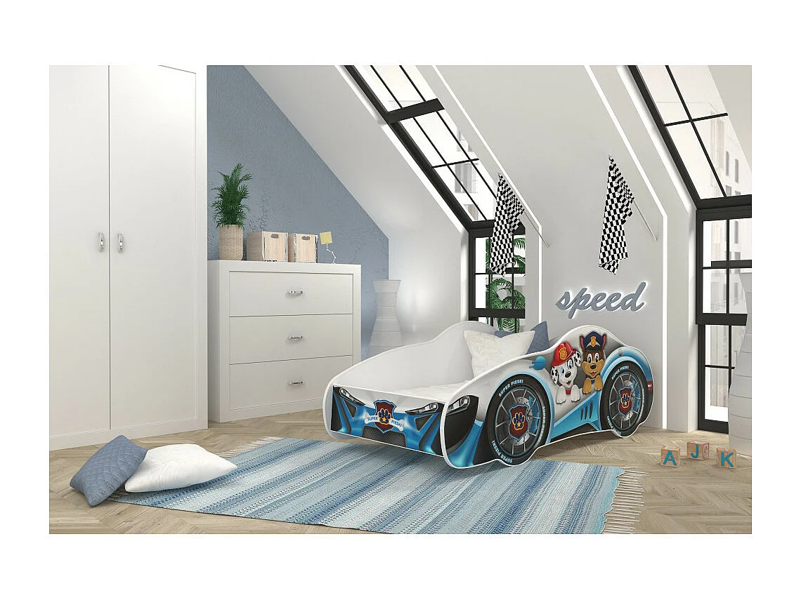 Lit enfant voiture 70 x 140 cm - Pat Patrouille - Matelas et sommier inclus Blanc