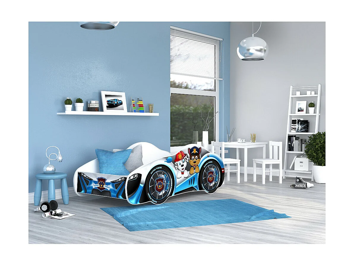 Lit enfant voiture 70 x 140 cm - Pat Patrouille - Matelas et sommier inclus Blanc