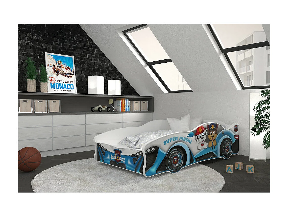 Lit enfant voiture 80 x 160 cm - Pat Patrouille - Matelas et sommier inclus Blanc