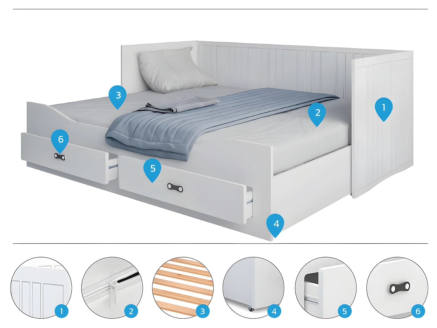 Lit Banquette 2 personnes  HERMES  80X200 / 155X200  cm  1 Matelas , 1 Sommier et 2 Tiroir inclus