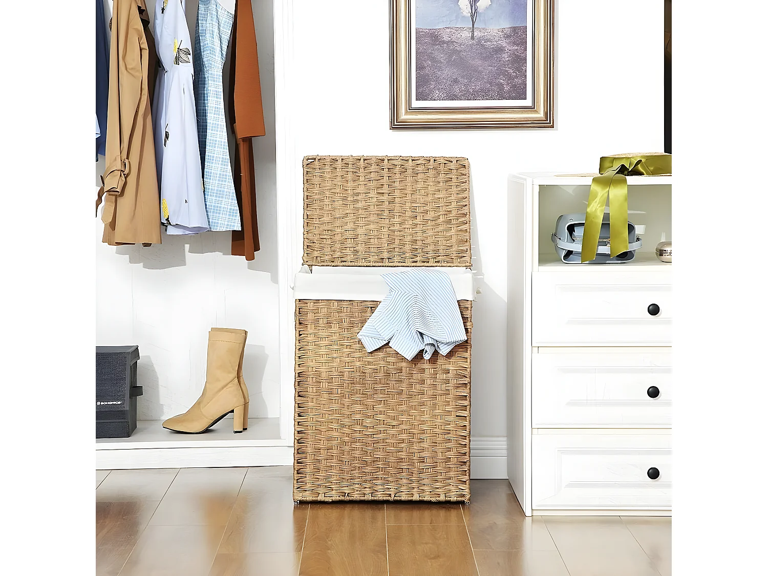 Panier à Linge avec 2 Poignées et Sac Amovible - Imitation Jonc Naturel