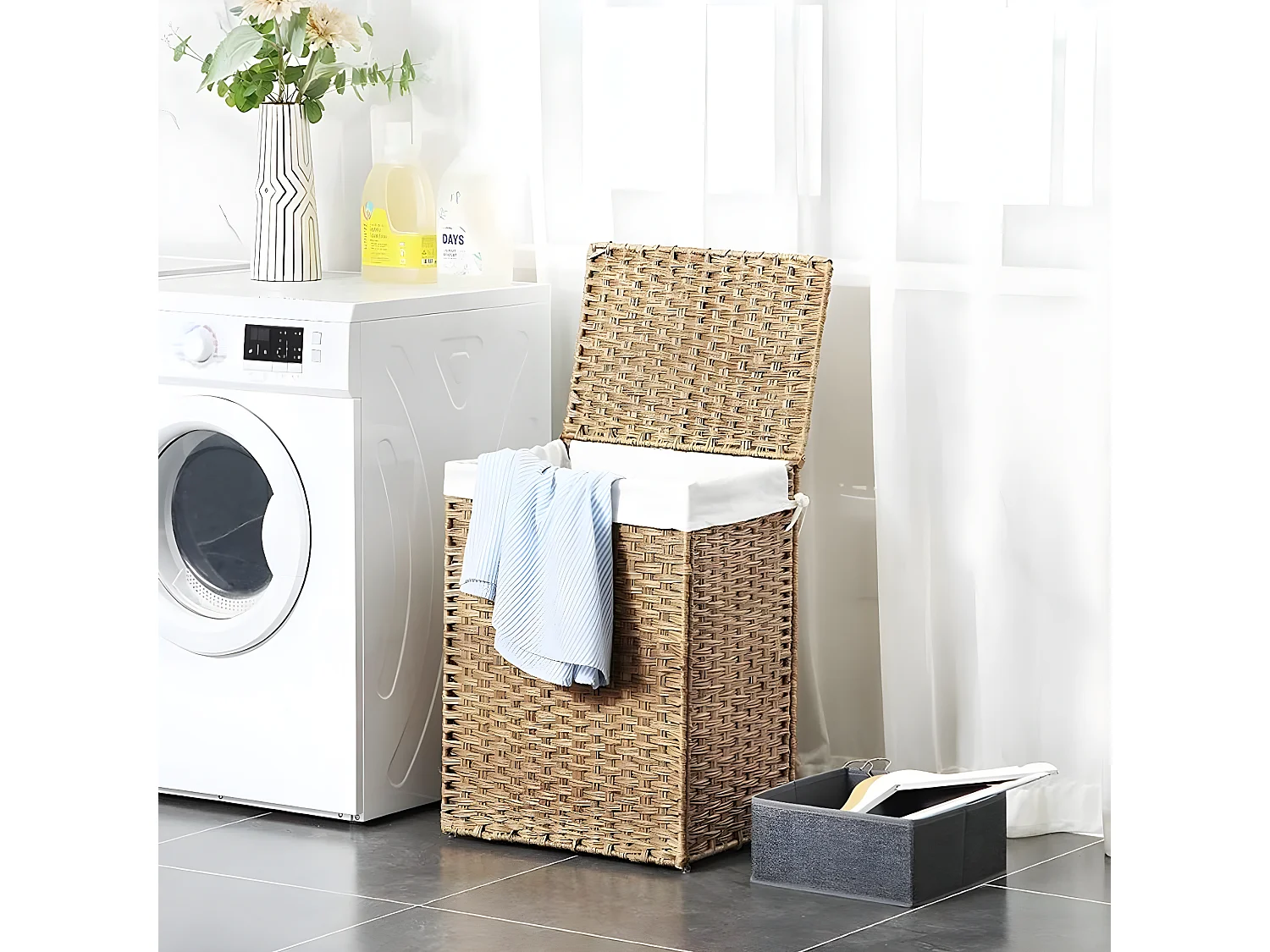 Panier à Linge avec 2 Poignées et Sac Amovible - Imitation Jonc Naturel