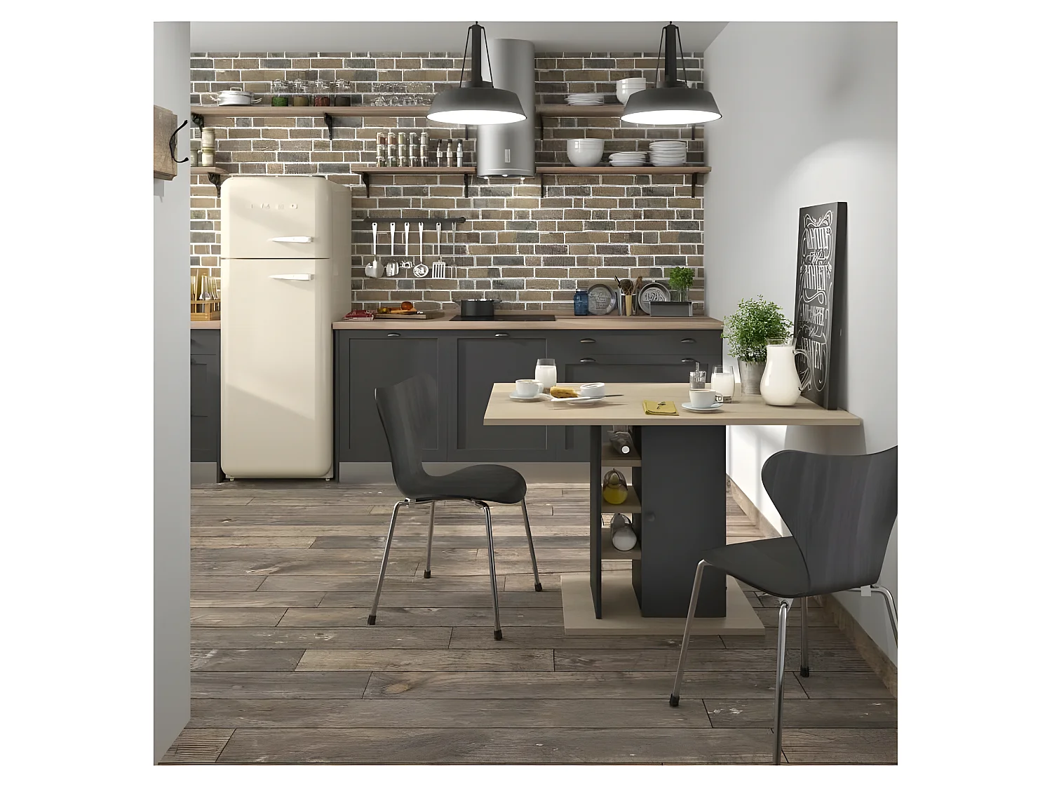 Table a manger rectangulaire avec rangement 1 porte - Décor chene et noir - OXFORD - L 120 x P 80 x H 75 cm