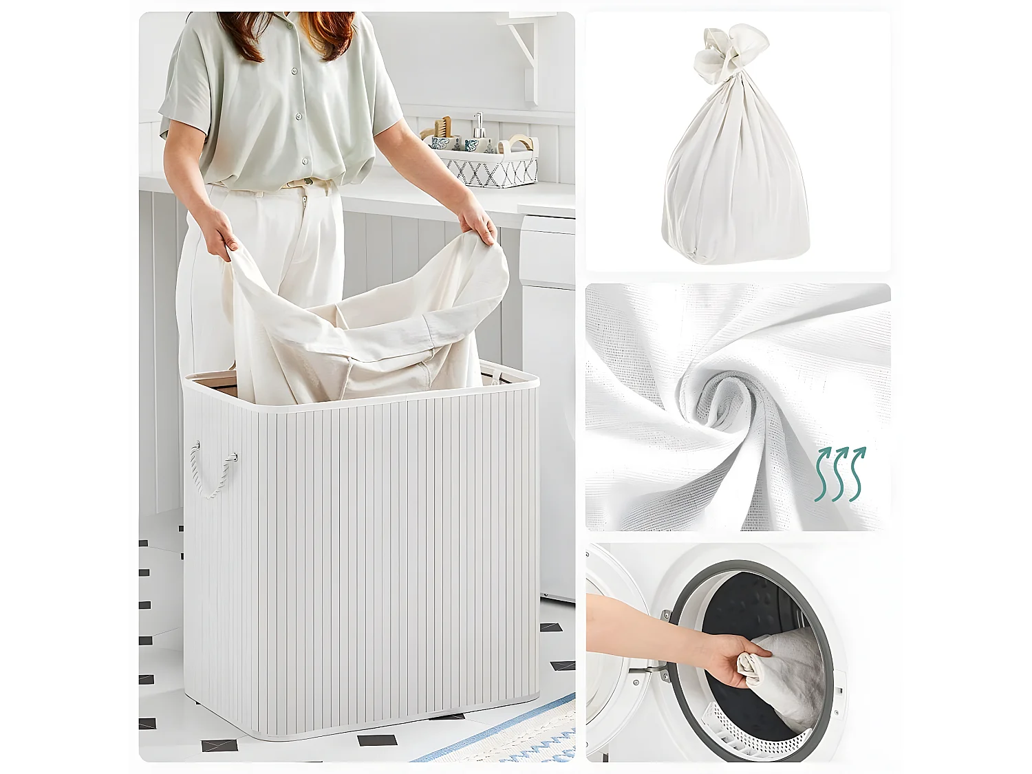 Panier à linge 3 compartiments avec sacs amovibles bambou et blanc