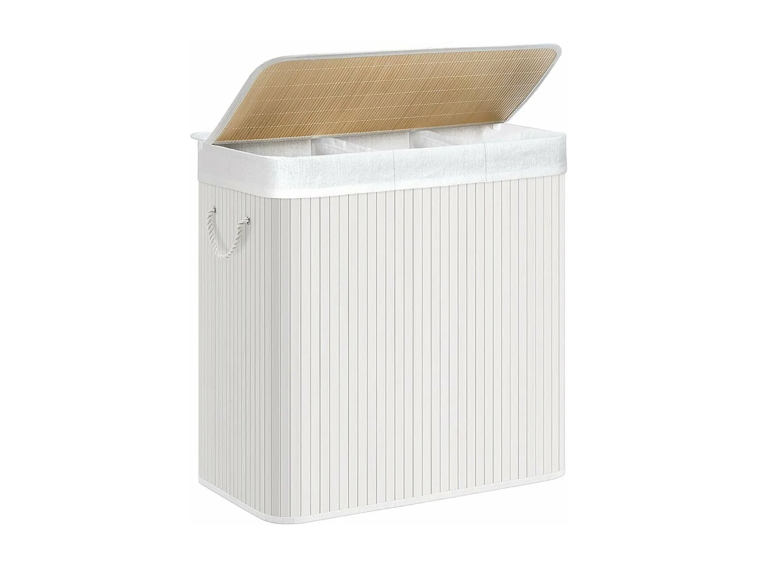 Wasmand met 3 compartimenten en verwijderbare zakken van bamboe en wit