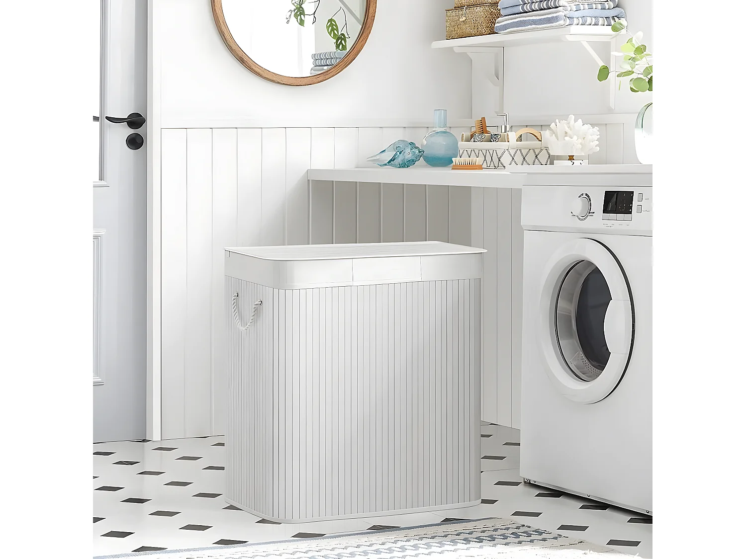 Wasmand met 3 compartimenten en verwijderbare zakken van bamboe en wit