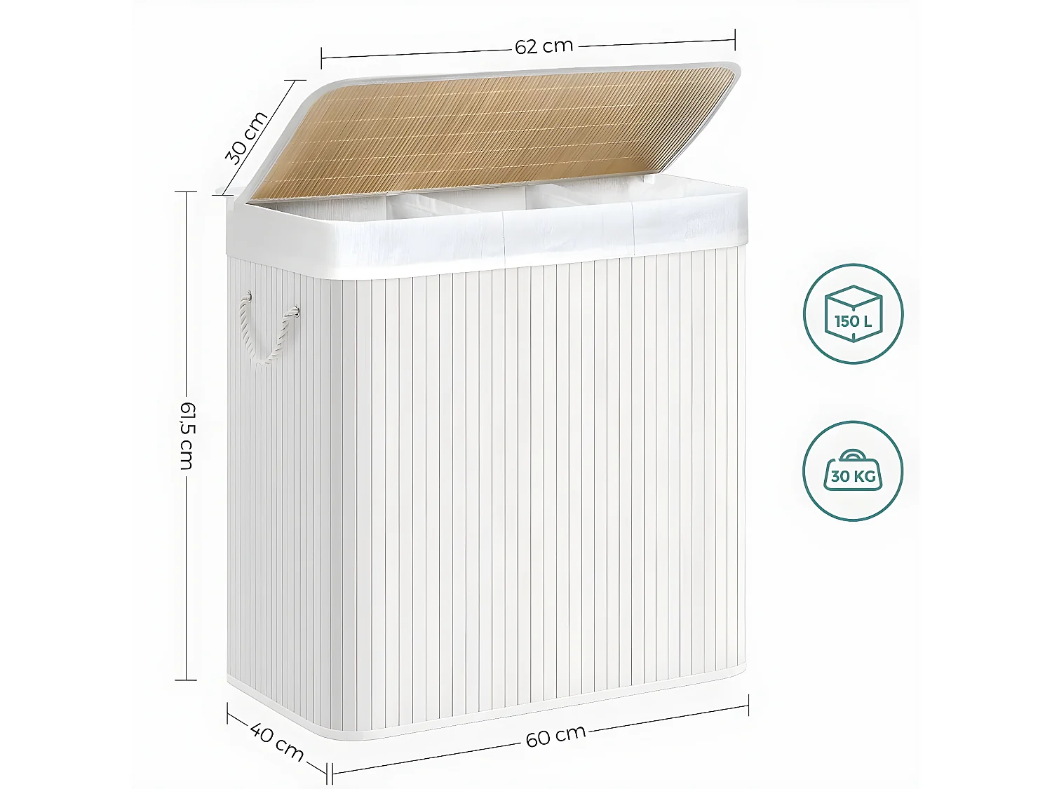 Wasmand met 3 compartimenten en verwijderbare zakken van bamboe en wit