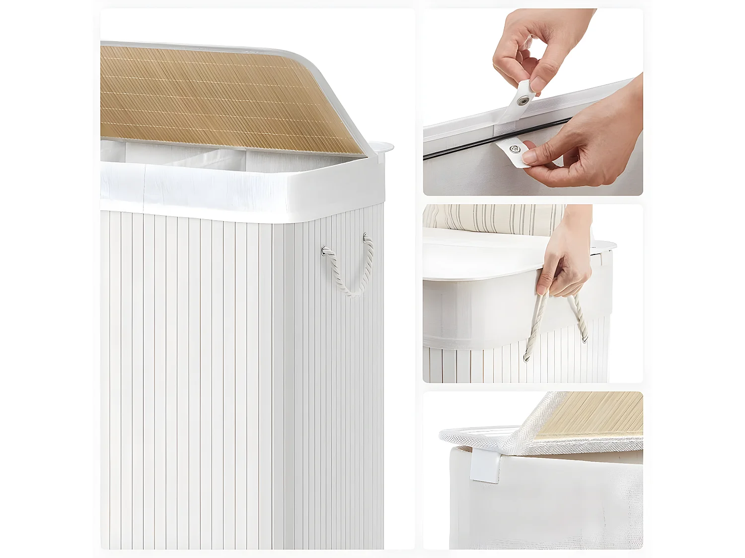 Wasmand met 3 compartimenten en verwijderbare zakken van bamboe en wit