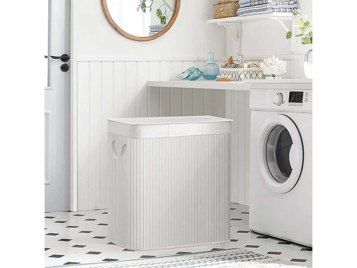 Panier à linge 3 compartiments avec sacs amovibles bambou et blanc