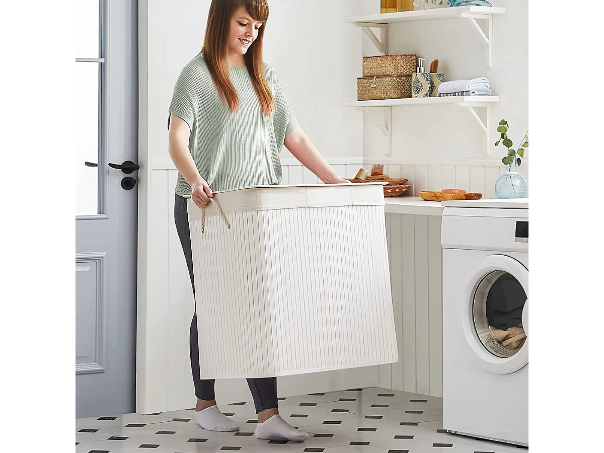 Panier à linge 3 compartiments avec sacs amovibles bambou et blanc