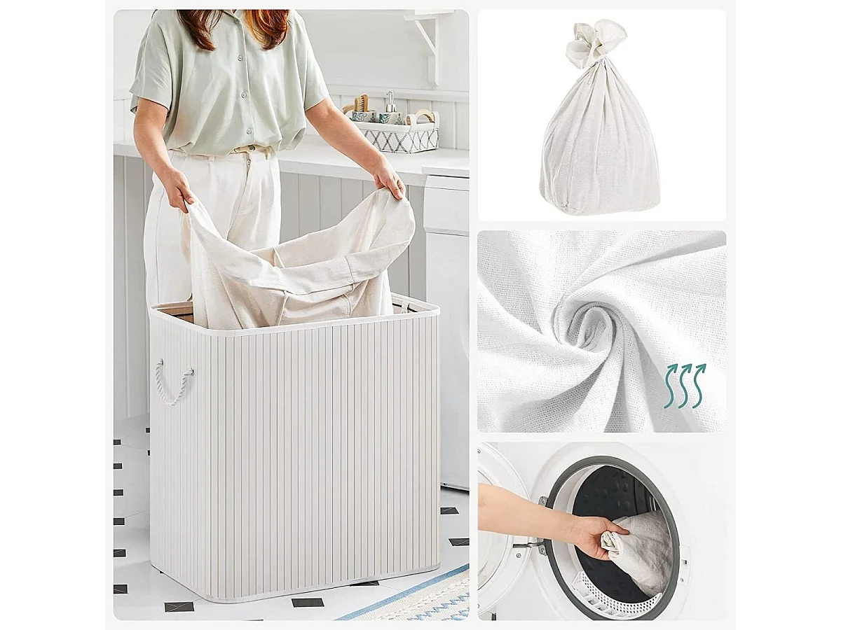 Panier à linge 3 compartiments avec sacs amovibles bambou et blanc
