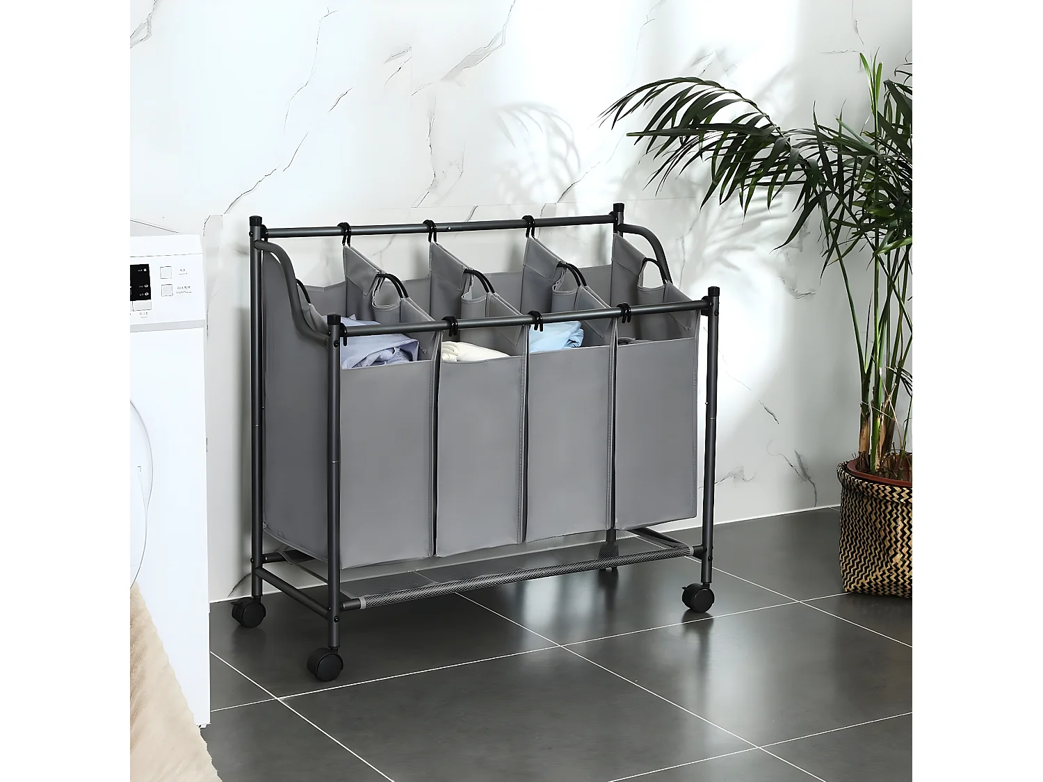 Bac à Linge avec 4 Sacs Amovibles Gris sur Roulettes - L87,5 cm